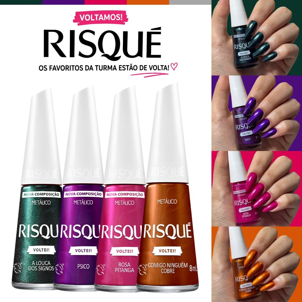 Kit Esmaltes Risqué Voltei Novas Cores Tons Metálicos Esmalte Atacado Lançamento