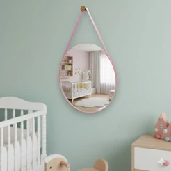 Espelho Decorativo Redondo Com Couro Adnet Infantil Quartos Salas C/ Pino Suporte