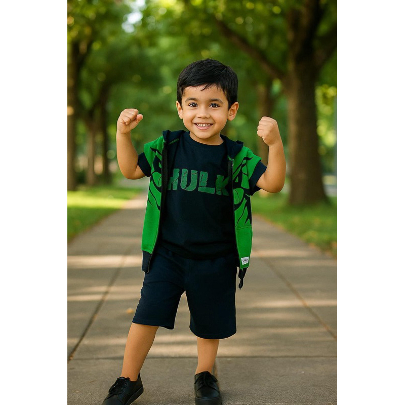Conjunto Infantil Moletom 3 Peças: Bermuda, Camisa e Casaco com Capuz"