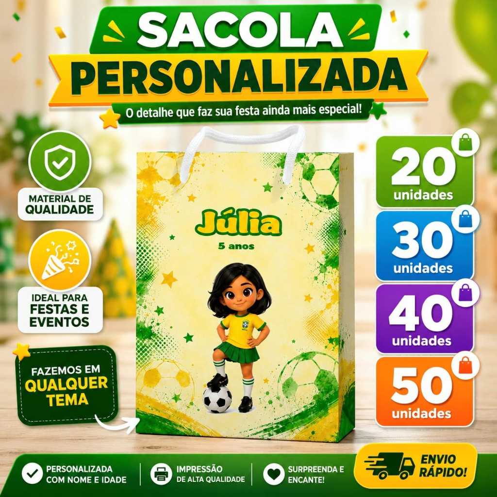 Sacolinha Surpresa Futebol Menina Personalizada / Lembrancinha / Sacola Festa Infantil Pegue e Monte