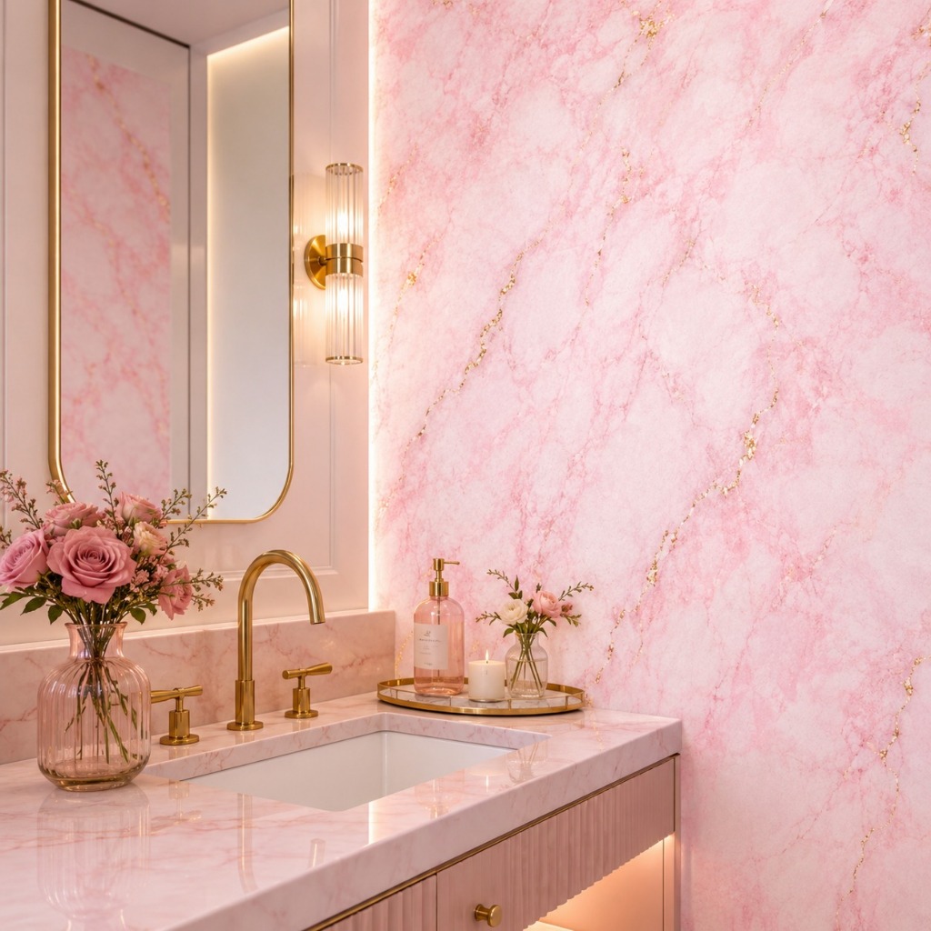 Papel De Parede Marmorizado Rosa Delicado Efeito 3d Para Sala Quarto Banheiro Vinil Fácil Aplicação