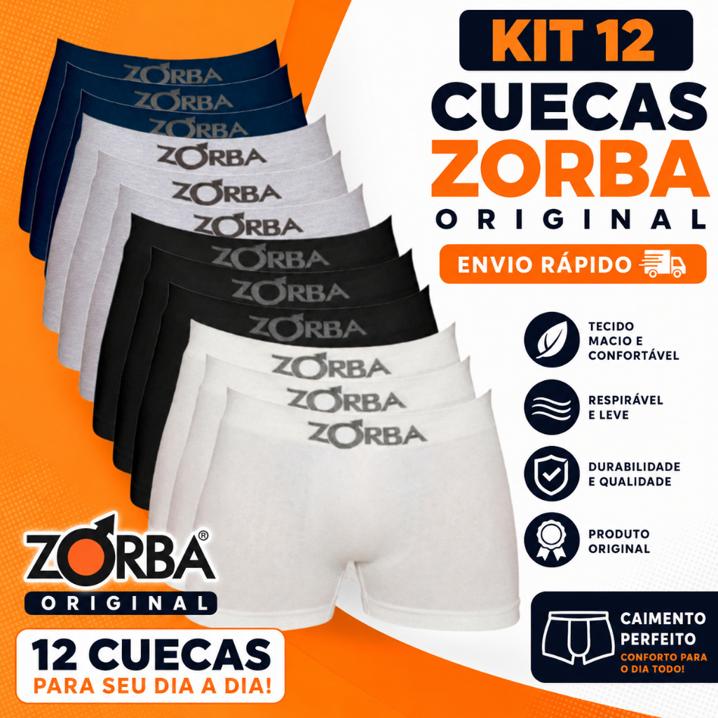 Kit 12 Cuecas Boxer Zorba de Algodão Sem Costura Original