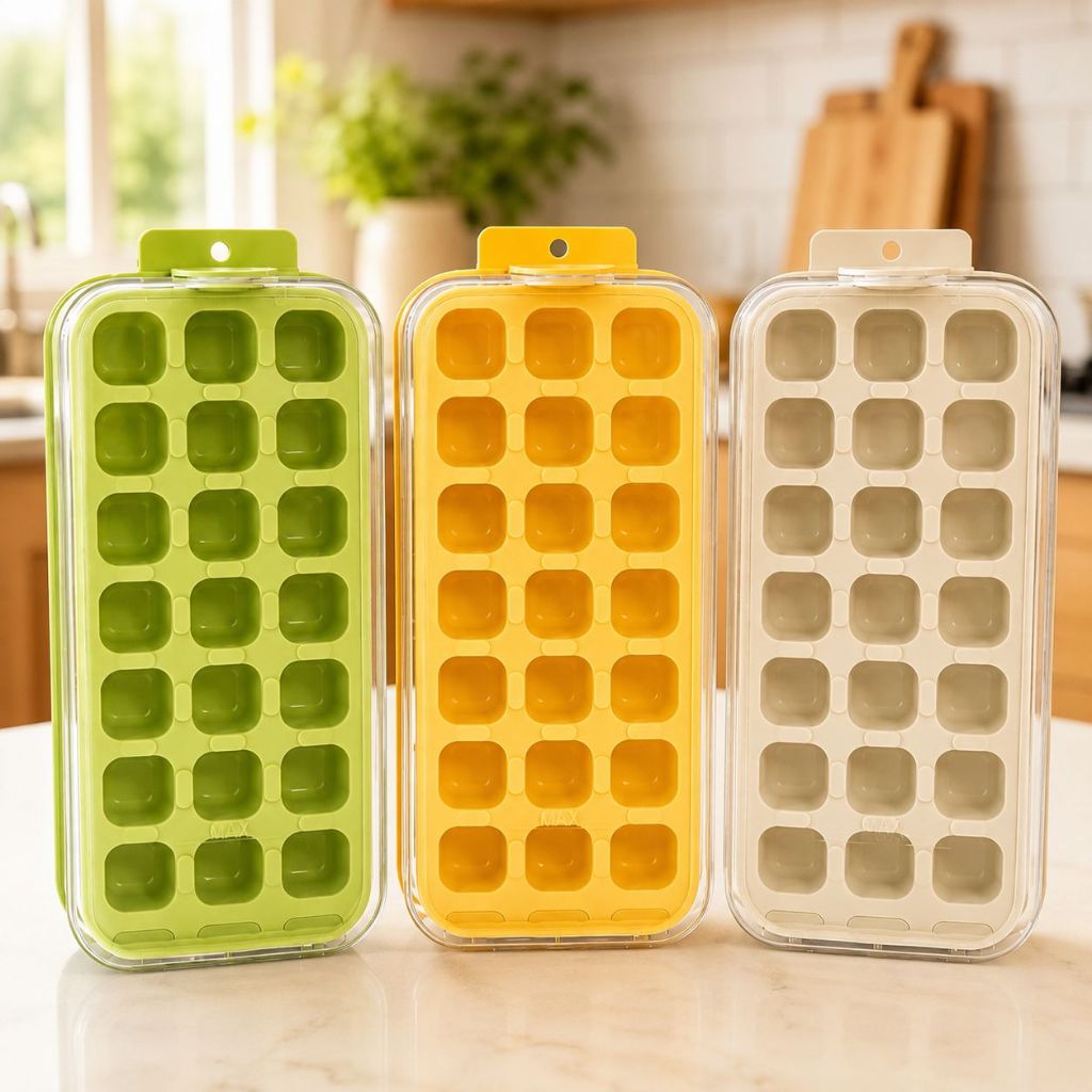 Forma de Gelo 21 Cubos com Tampa Fundo Pressionável Fácil de Soltar