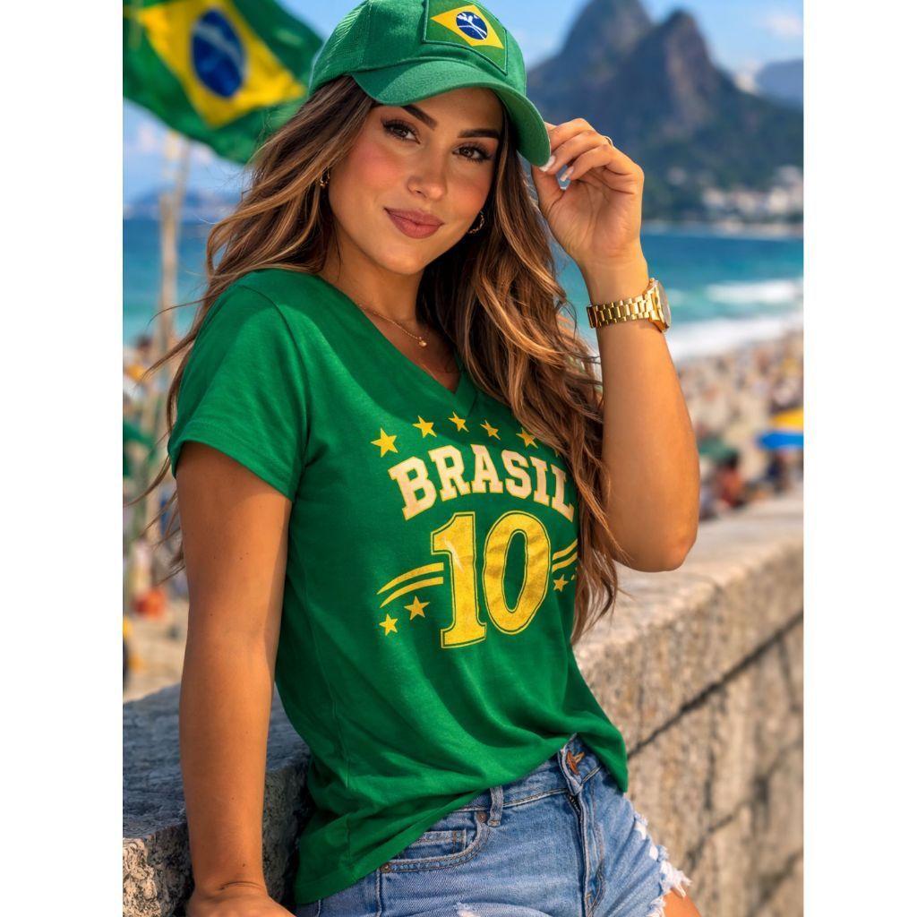 Baby Look Brasil Feminina Camiseta Copa do Mundo Blusa T-Shirt Torcedora Número 10 Casual Trend