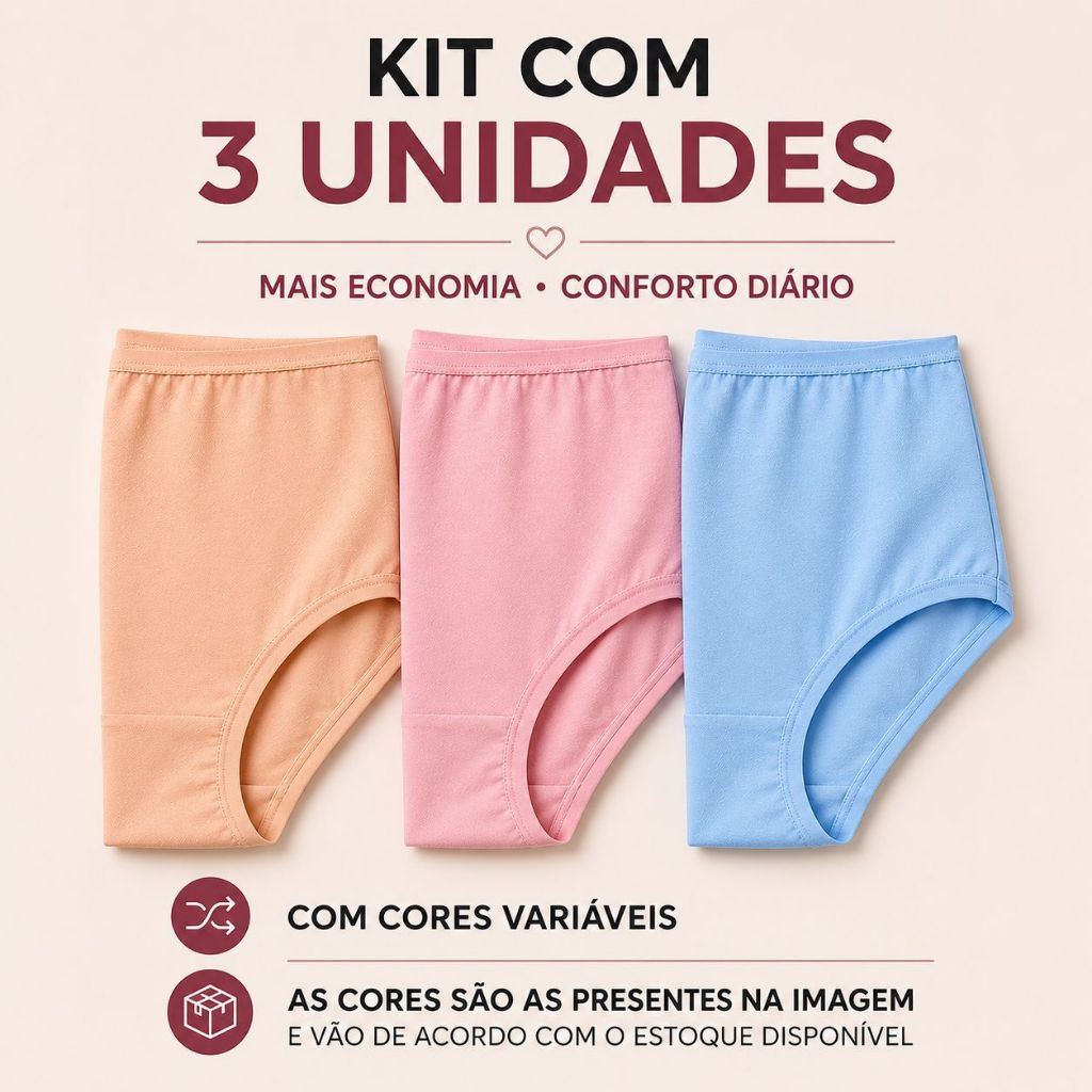 Kit 03 Calçolas Plus Size de Algodão – Cintura Alta Confortável | Calcinha Senhora Tangão