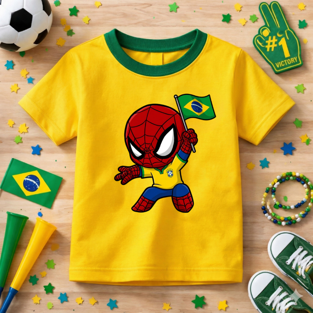 Camiseta Infantil Copa Do Mundo Hmen Aranha Lançamento Brasil Algodão Premium Confortável