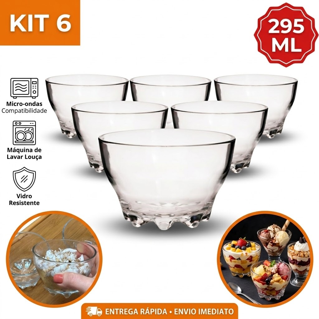Kit Jogo de 06 Taças de vidro Wisdom Sobremesa Sorvete 295 ml Vidro Transparente Liso Desing Moderno Wincy Casa