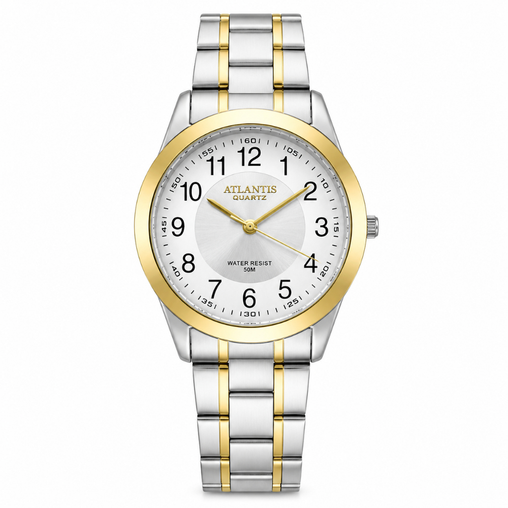 Relógio Atlantis Quartz Feminino Prata Dourado Fundo Branco Resistente 50m