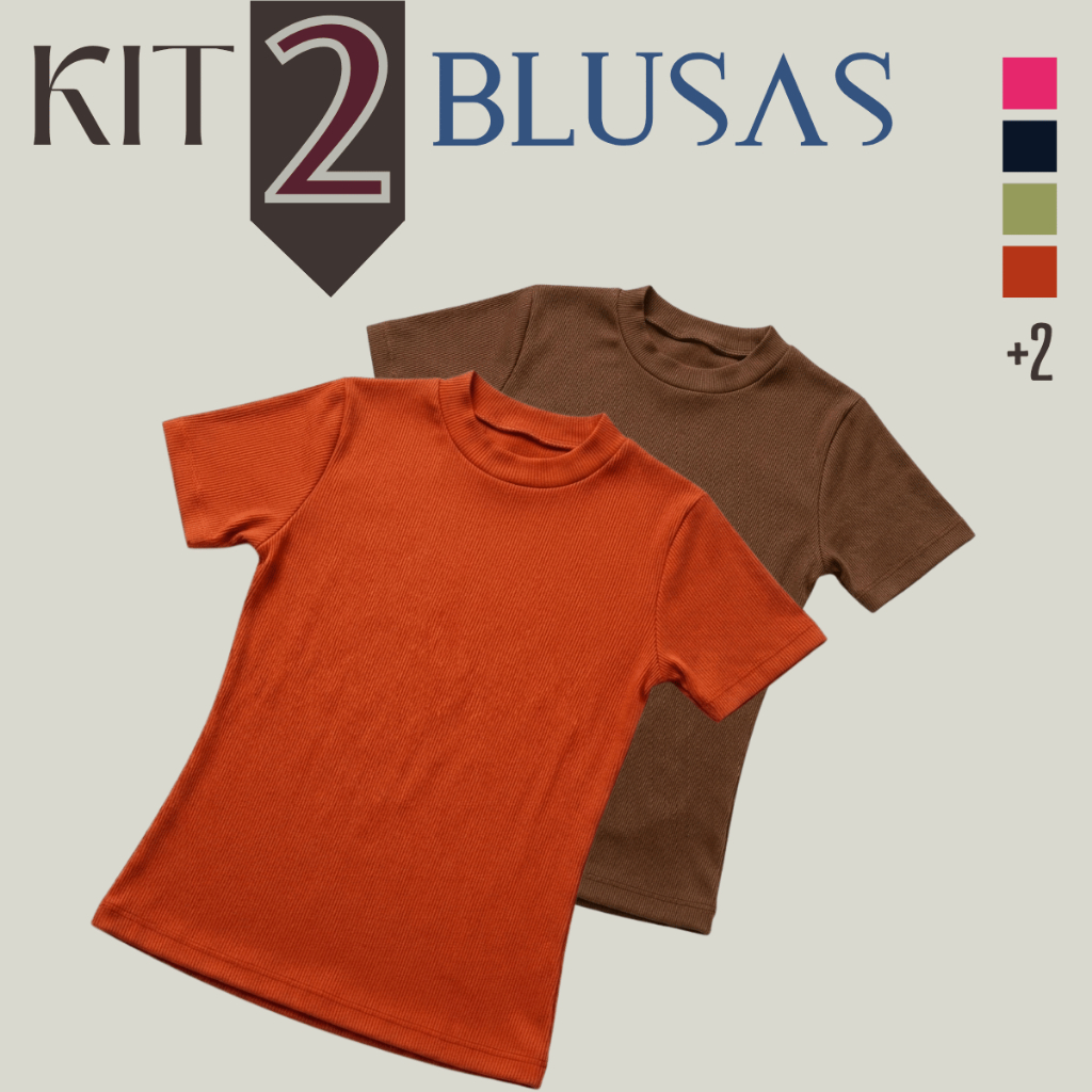 Kit 2 Blusas Femininas Caneladas Manga Curta Gola Redonda T-Shirt Básica Lisa Casual Confortável