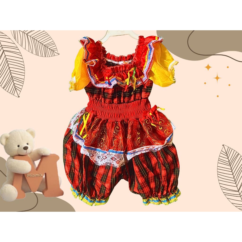 Macacão Festa Junina Infantil Menina Xadrez Vermelho Manga Bufante 3-4 Anos