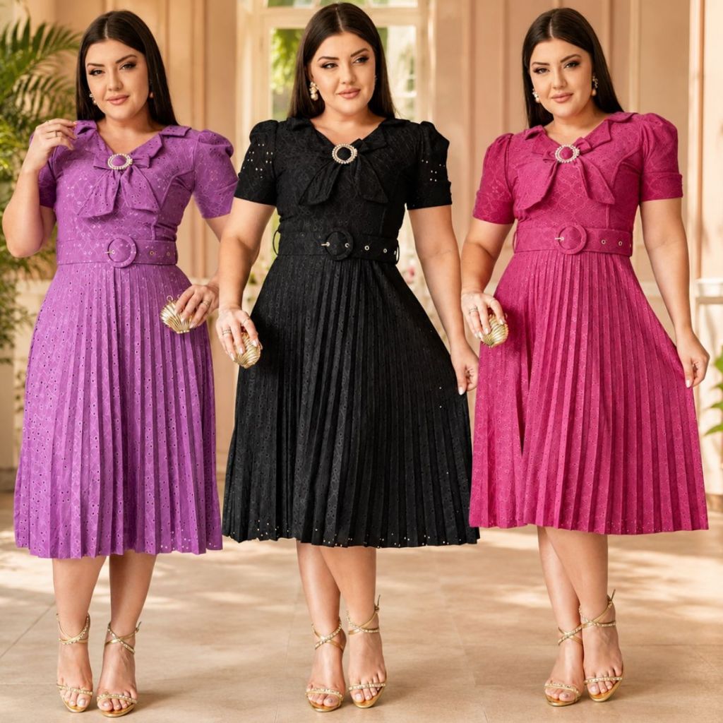 Vestido Moda Evangélica Mídi  Plissado Lese Manga Longa Bufante Laço Pérolas Com Cinto Elegante