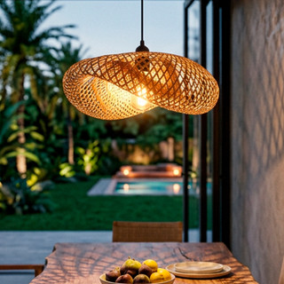 Lustre Pendente Vireon Bambu Natural 60cm Cúpula Artesanal Rústica E27 Bivolt Sala de Jantar