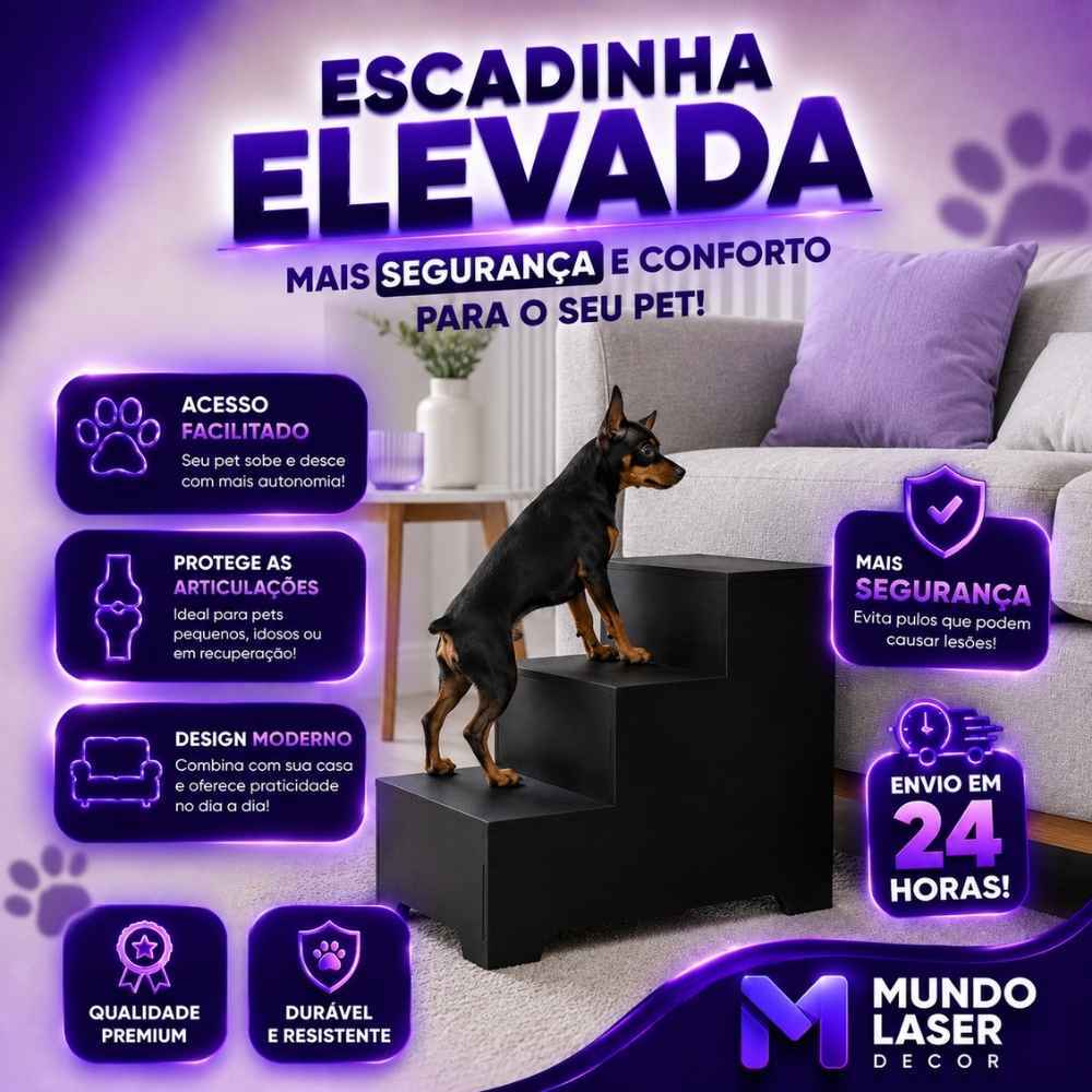 Escada Pet 3 Degraus em MDF Cru 45cm Escadinha P/ Cães Gatos Subirem na Cama Sofá Resistência e Conforto Antiderrapante