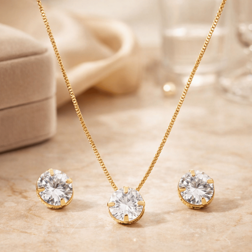 Kit Colar e Brinco Ponto de Luz Zircônia Antialérgico Ouro 18K Corrente Veneziana SEMI JOIA Feminino Moda
