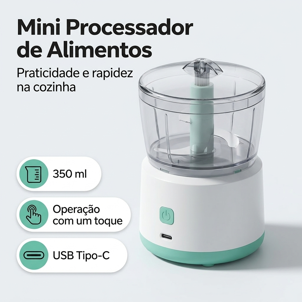 Mini Processador de Alimentos Elétrico 350ml | Picador de Alho, Cebola e Pimenta | Triturador Portátil USB