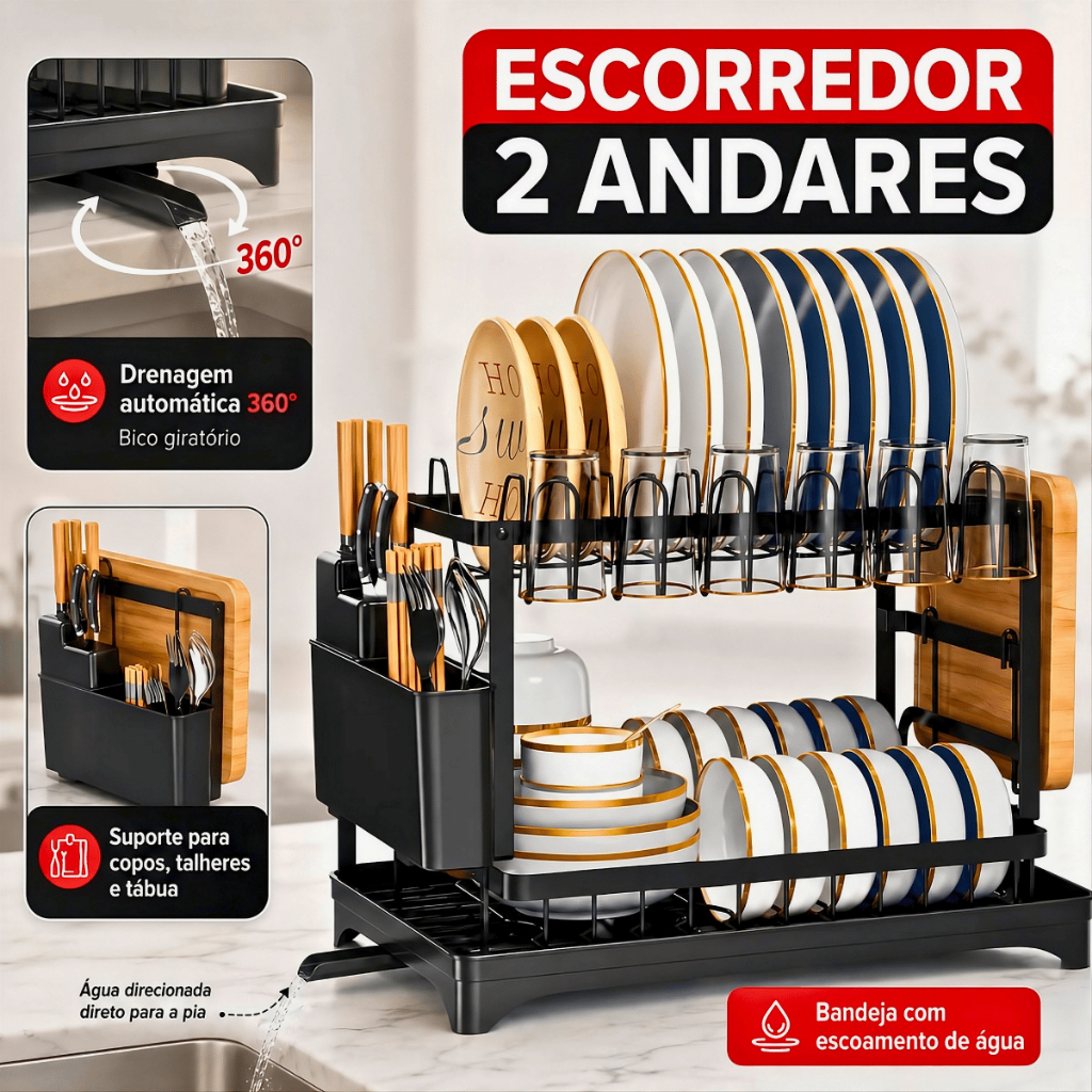 Escorredor de Louça Inoxidável Rack 2 Andares Drenagem Automática Bandeja 360º Organizador Pia