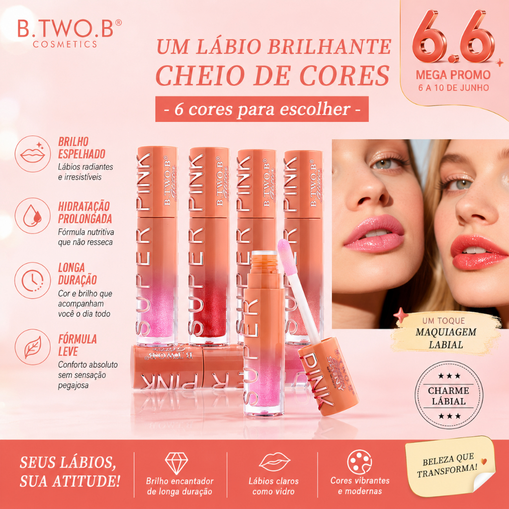 B.TWO.B Brilho Labial Cremoso Super Pink, Brilho Intenso Natural, Não Mancha, Indicado para Todos os Tons de Pele