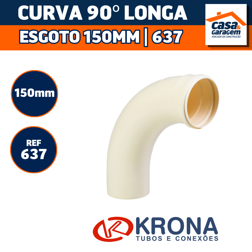 Curva 90° Longa Esgoto 150mm 637 Krona Conexão Hidráulica PVC