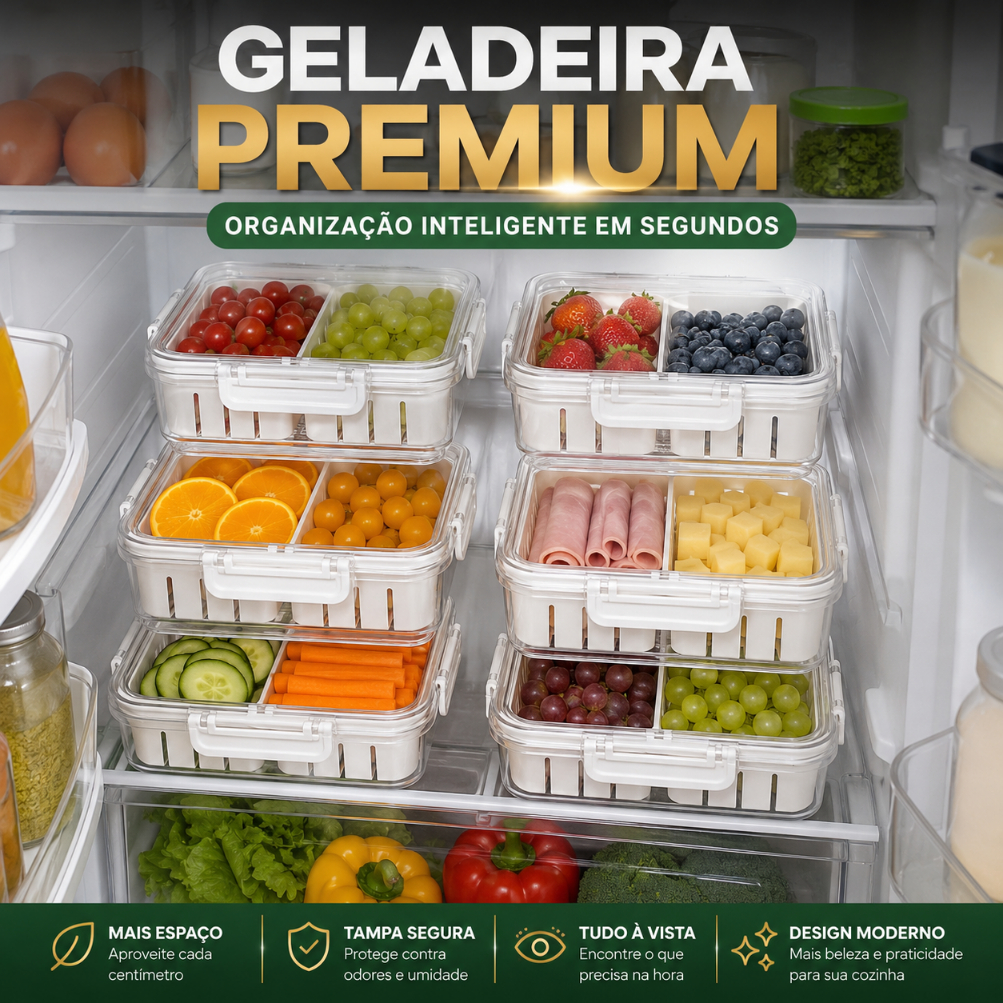 Cesto Organizador Geladeira com Tampa Divisórias Empilhável Transparente Multiuso