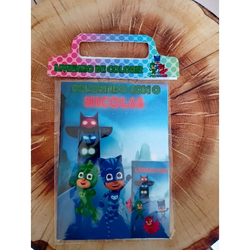 Kit Livrinho/ Revista de Colorir Personalizado Infantil + Lápis ou Giz | PJ Masks -Todos os temas | Lembrancinha Festa
