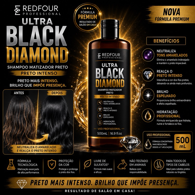 Shampoo Matizador Preto Redfour Ultra Black Diamond 500mL | Preto Intenso + Brilho Espelhado