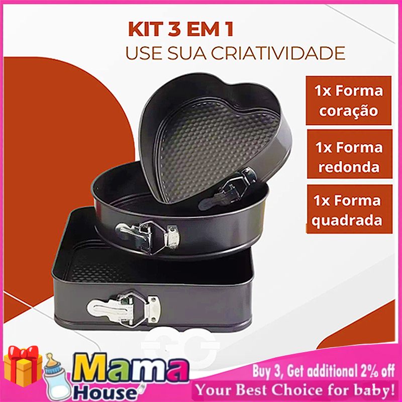Kit 3 Formas Para Bolo Torta (Coração e Quadrado) Com Fundo Removível Antiaderente Aço Carbono Preto