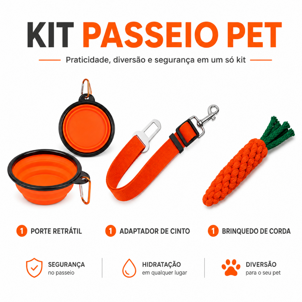 Kit Pet Passeio 3 Itens Comedor Retrátil + Cinto de Segurança + Brinquedo Mordedor Cenoura