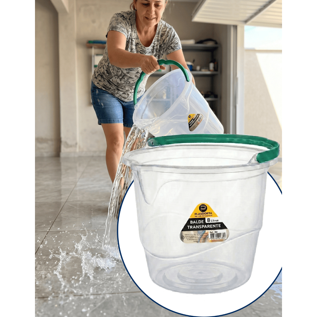 Balde Plástico 8 Litros Resistente Transparente Alça 25x28cm Limpeza Multiuso Lavanderia Versátil