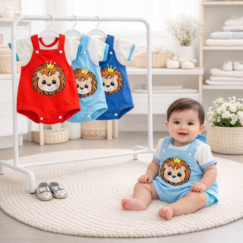 Conjunto 2 Peças Jardineira com Camiseta Menino de ate 6 Meses Leãozinho Estiloso Entrega Rápida