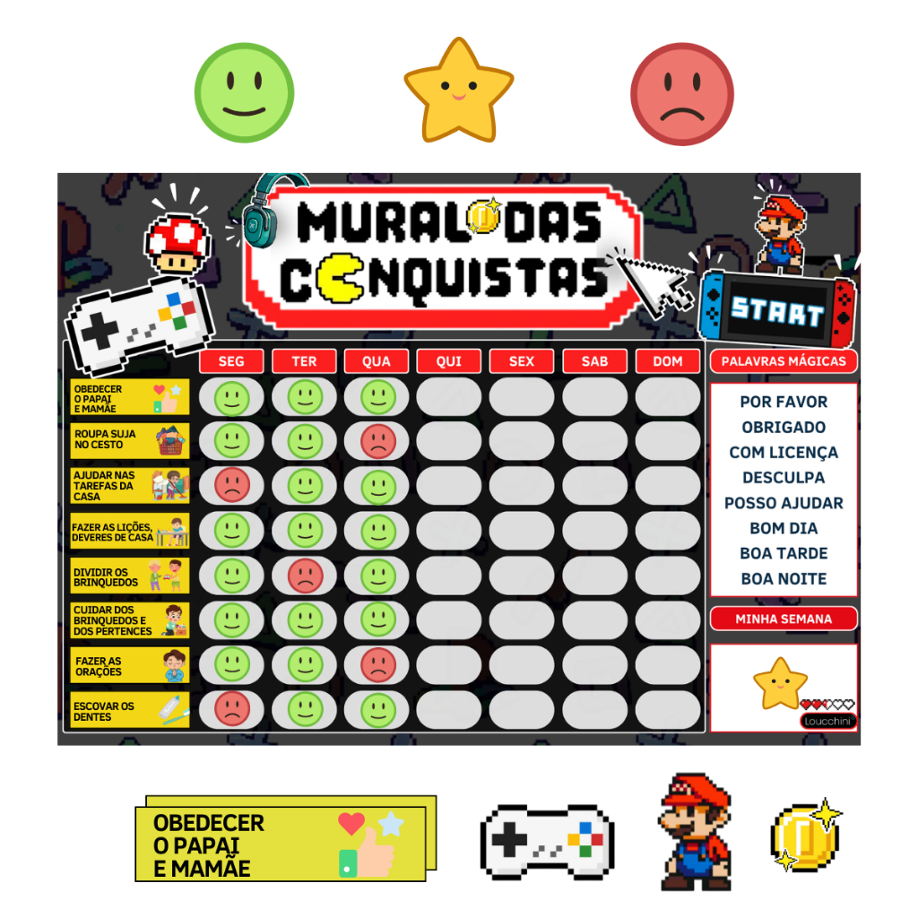 Mural das Conquistas Infantil Tema Video Game Quadro de Incentivo e Tarefas Diarias