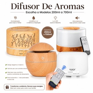 Difusor De Aromas Umidificador De Ar Ultra-Sônico 300Ml, 500ML, 700ml LED Madeira Aromati…