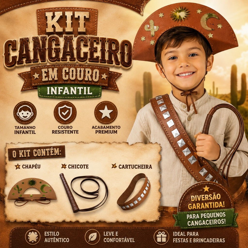 Cangaceiro Infantil cartucheira chapéu lampião e chicote em couro kit