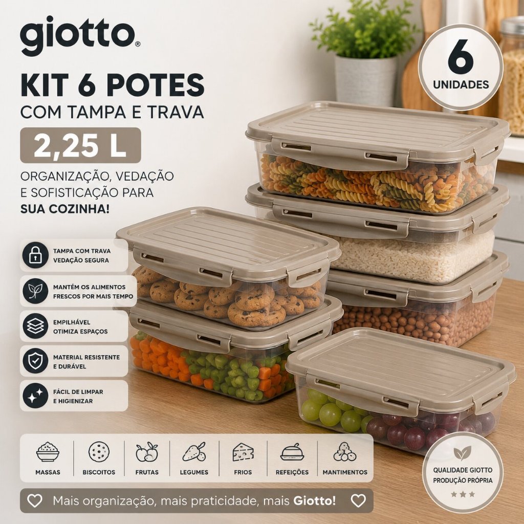 Kit 6 Marmitas Fitness Potes com Tampa e Trava 2,25L Camurça Baixo Freezer E Microondas Giotto