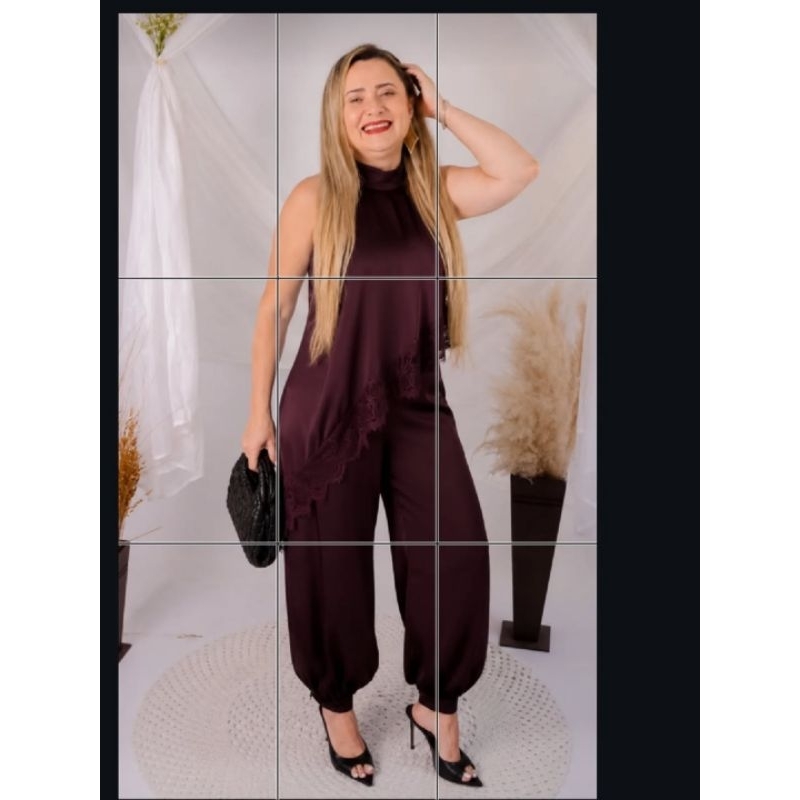 conjunto de calça e blusa Aladin em cetim com detalhe em renda ,blusa frente única .