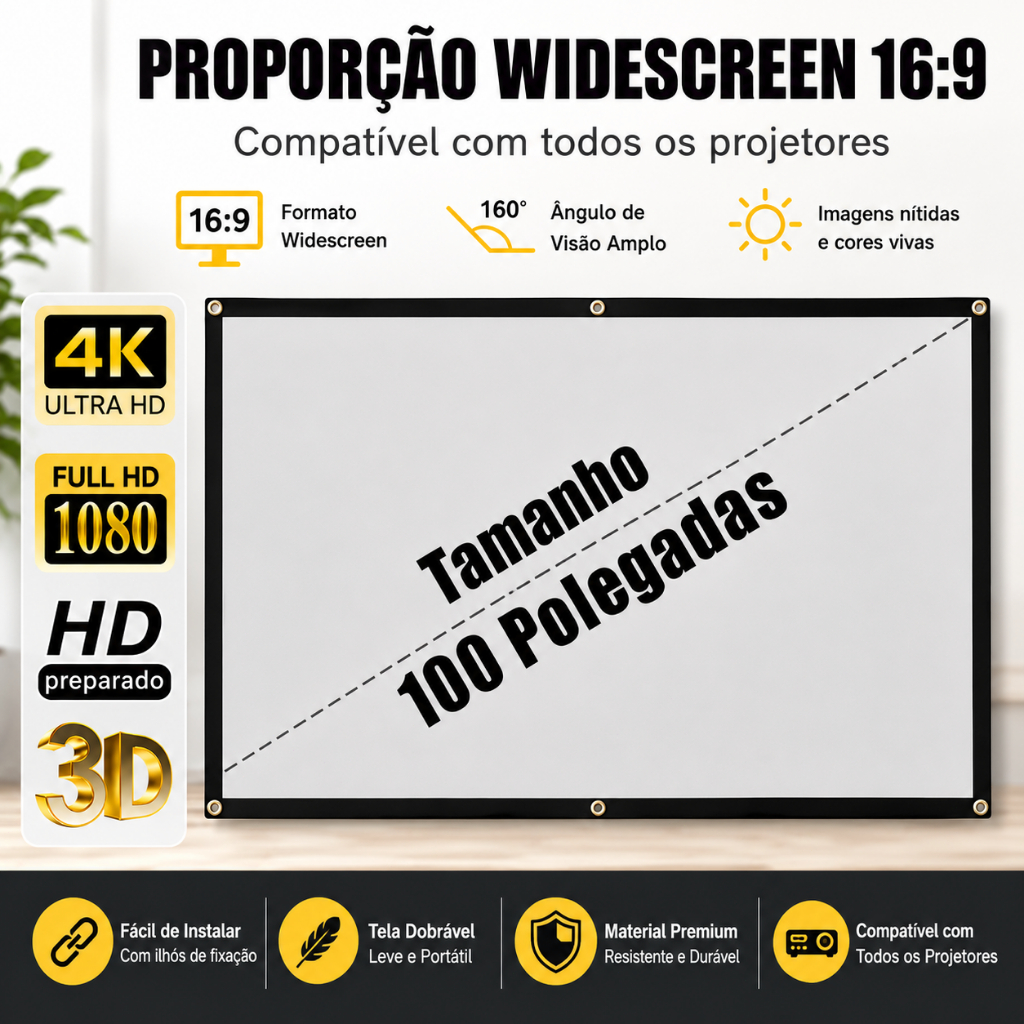 Tela Projetor Portátil Refletiva 100 Polegadas 4K Full HD 16:9 Alta Definição E Fácil De Instalar