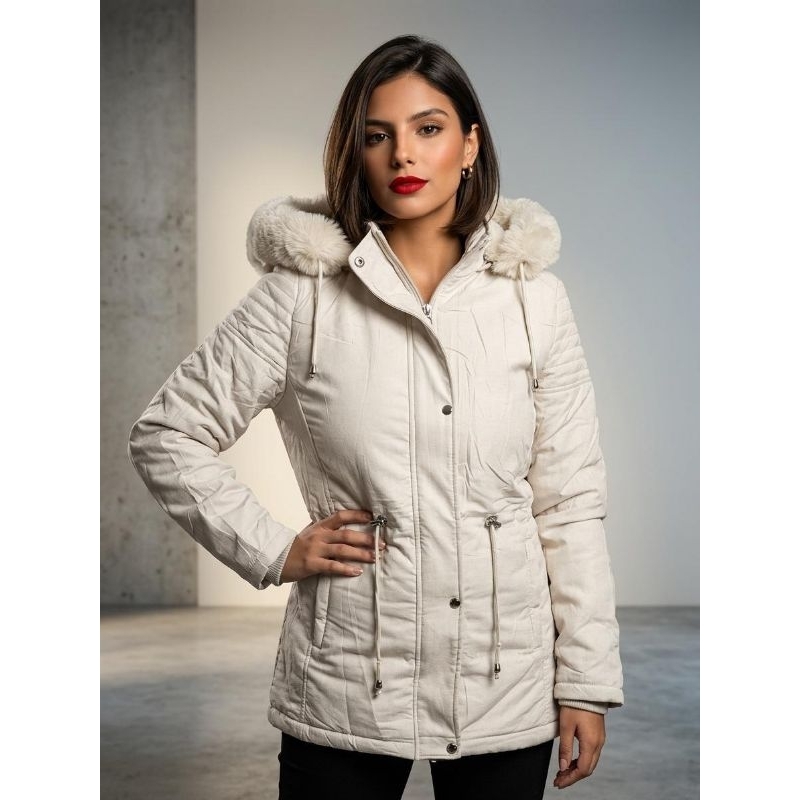 Parka de Sarja Feminina Forrada Pelúciada 2 bolsos Touca Removível