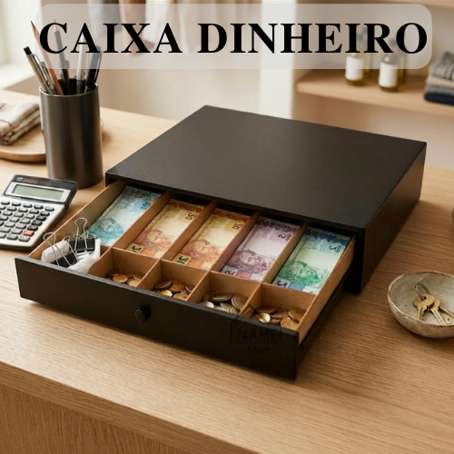 Gaveta Dinheiro Caixa MDF Preto 38x26x7 cm Facilita Troco Cliente Organizador Dinheiro Comercio Loja