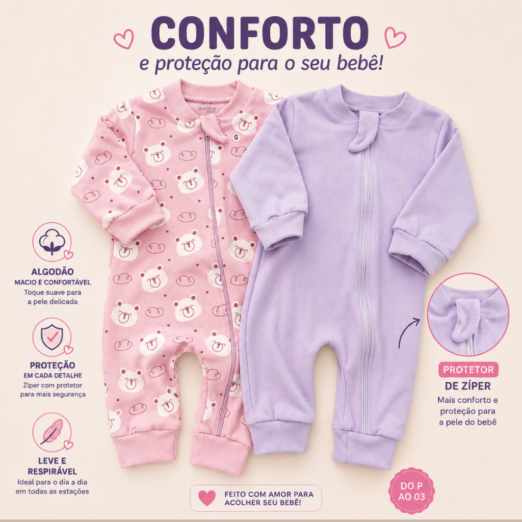 Kit 02 Macacões Bebê menina Liso e estampado Algodão com proteção de zíper