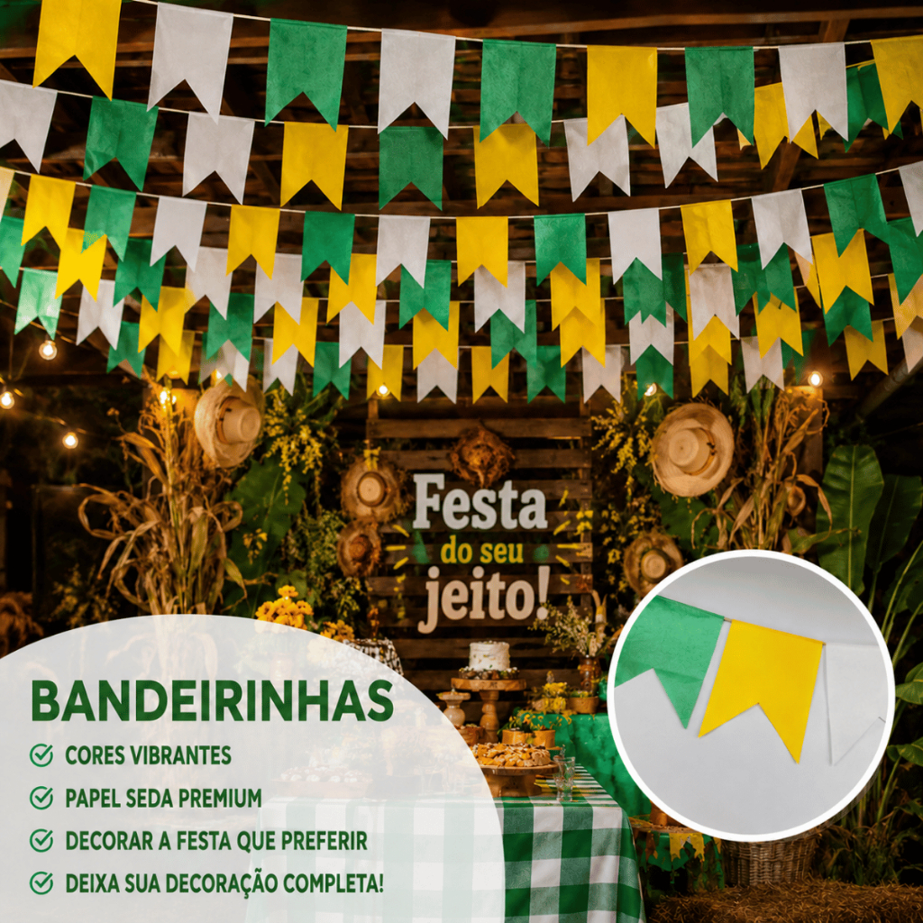 Kit Bandeirinha Brasil Verde e Amarelo em Metro Decoração Copa do Mundo Festa Torcida Papel Seda Festa Junina
