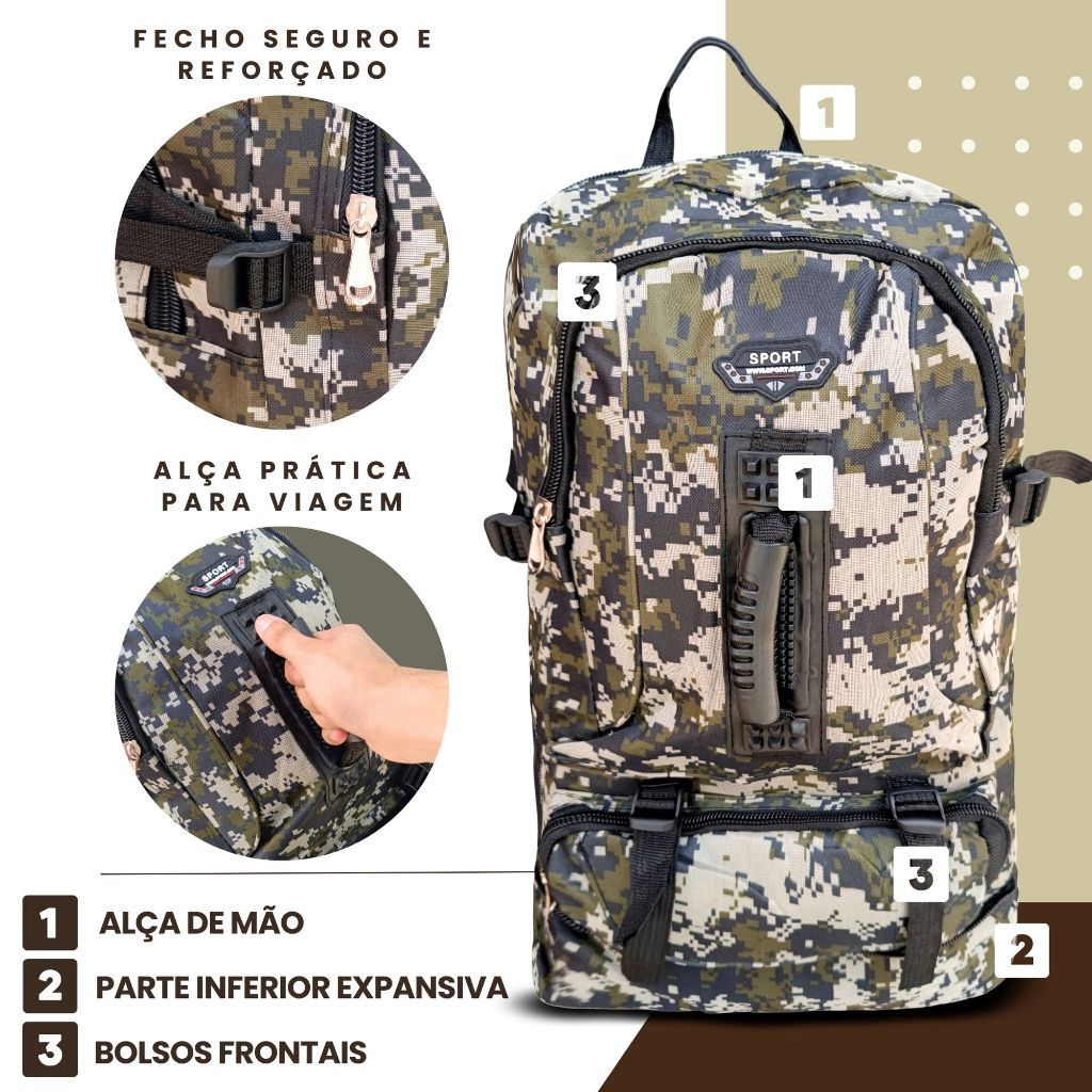 Mochila 50L Tática Impermeável Grande Militar Reforçada Camping Trilha Masculina Bolsa Mochilão — imagem 2 de 2
