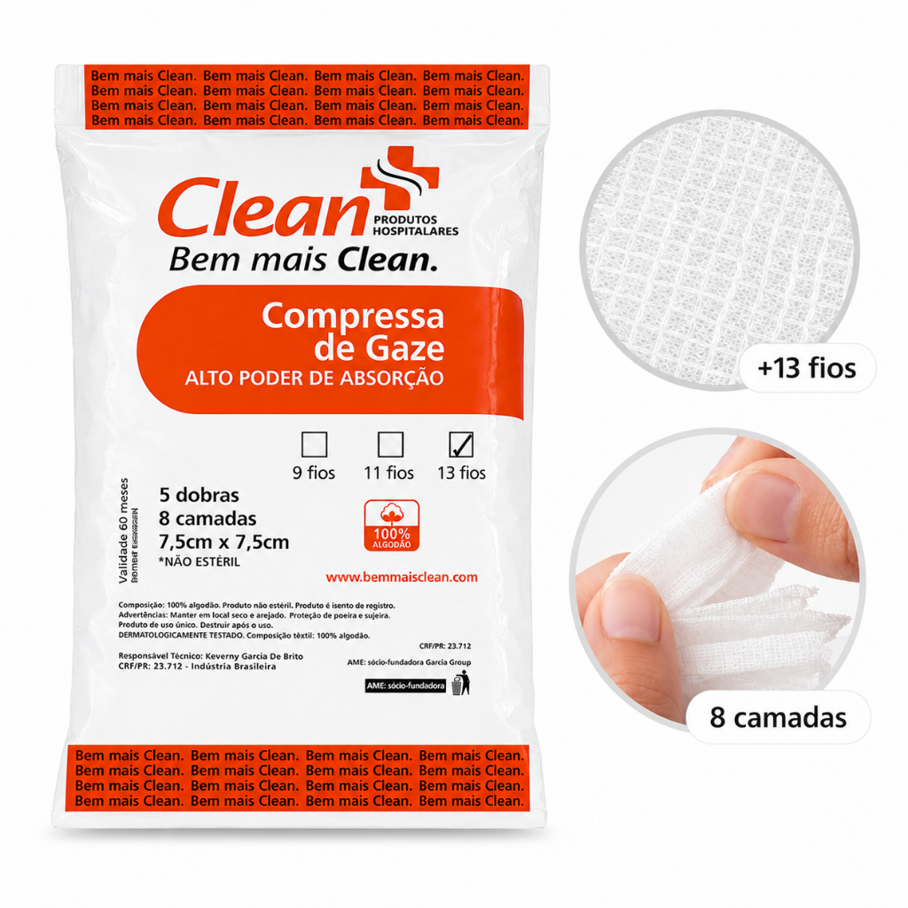 Compressa de Gaze 13 Fios 100g ou 240g Algodão Pacote Curativo Hidrófila Clean Não Estéril