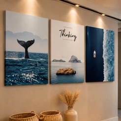 Kit 3 Quadros Decorativos Mar Azul Barco Baleia Praia Sala Moderna Luxo