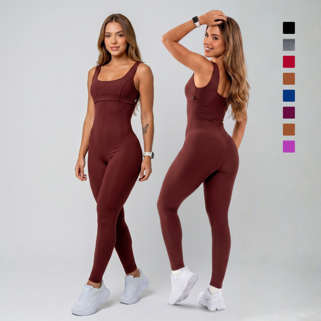 Macacão Feminino Longo Fitness Academia Alto Modelador com Bojo Removível Legging Conjunto Sem Transparência