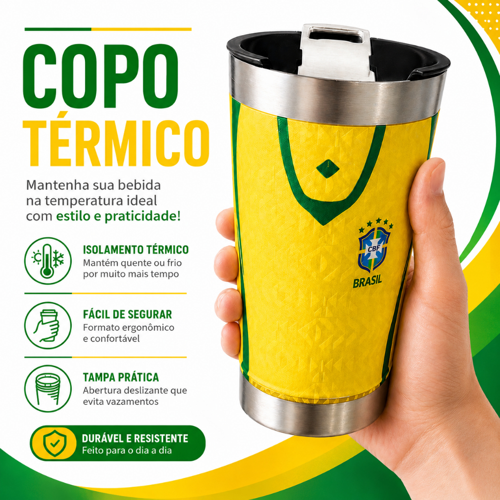 Copo Térmico HD 360 473 ml Estampa Seleção Brasileira Amarelo Verde e Azul Premium