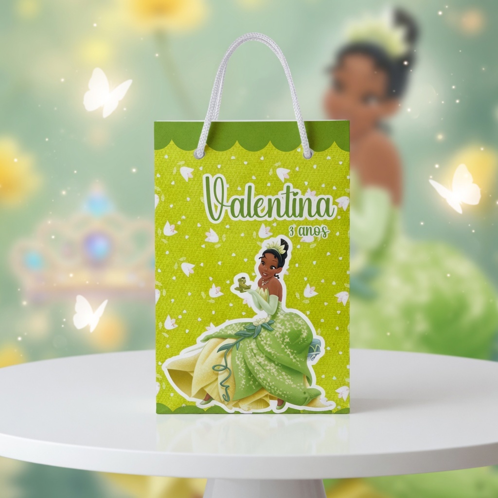Sacolinha Personalizadas -Tam. P -Tema Princesa Tiana - Lembrancinhas Infantil com Nome e Idade - KIT PEGUE E MONTE