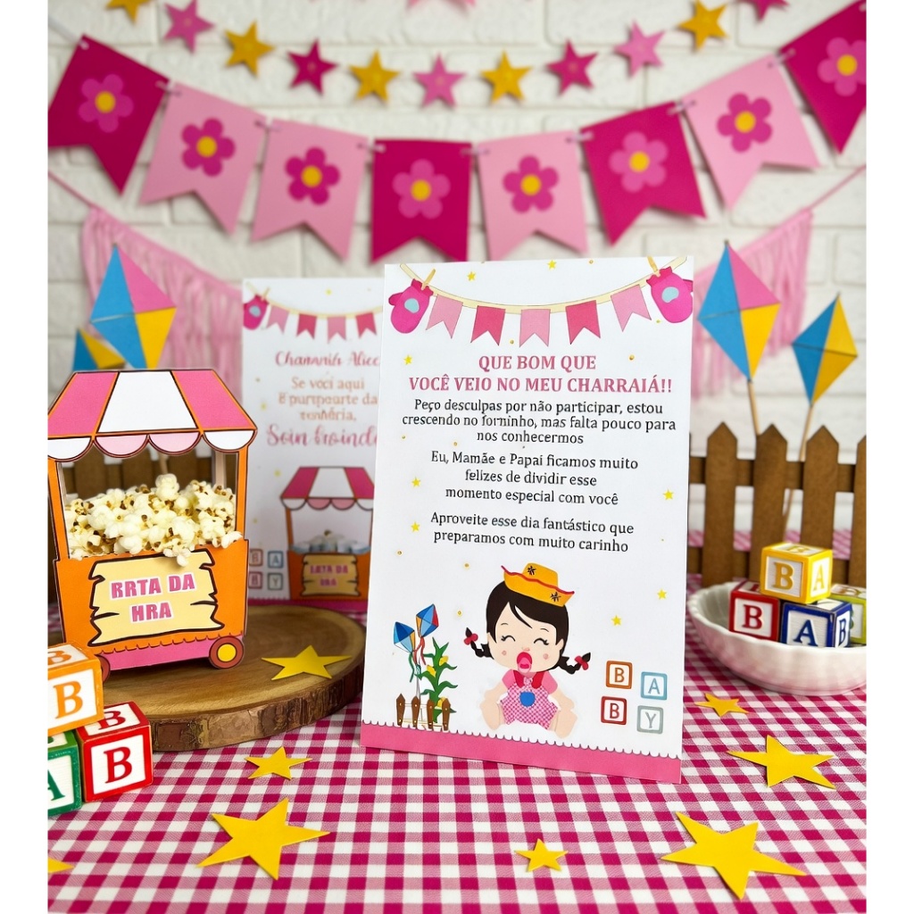 Centro de mesa personalizado decoração de mesa charraia chá de bebe menina arraial festa junina
