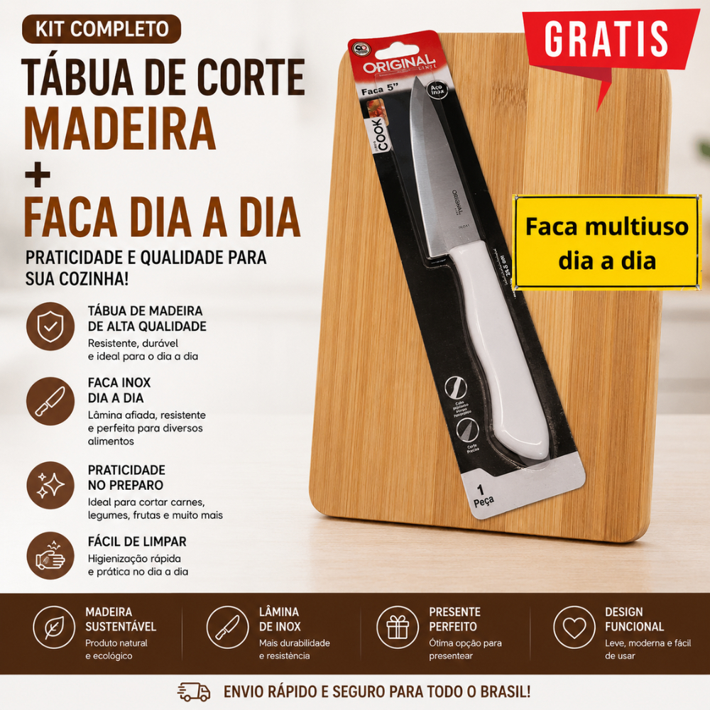 TABUA DE CORTE BAMBU 18x28 BRINDE FACA COZINHA FRUTAS VERDURA CARNE KIT GRATIS LEVE RESISTENTE