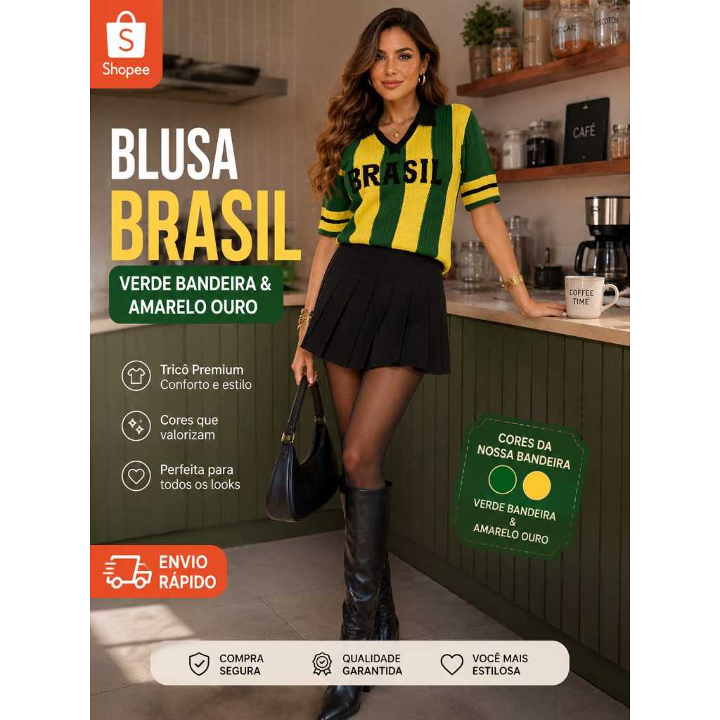 Camisa Brasil Tricot Rendado Decote V Manga Curta Listrada Malha Look Copa Brasil Moda Inverno 2025