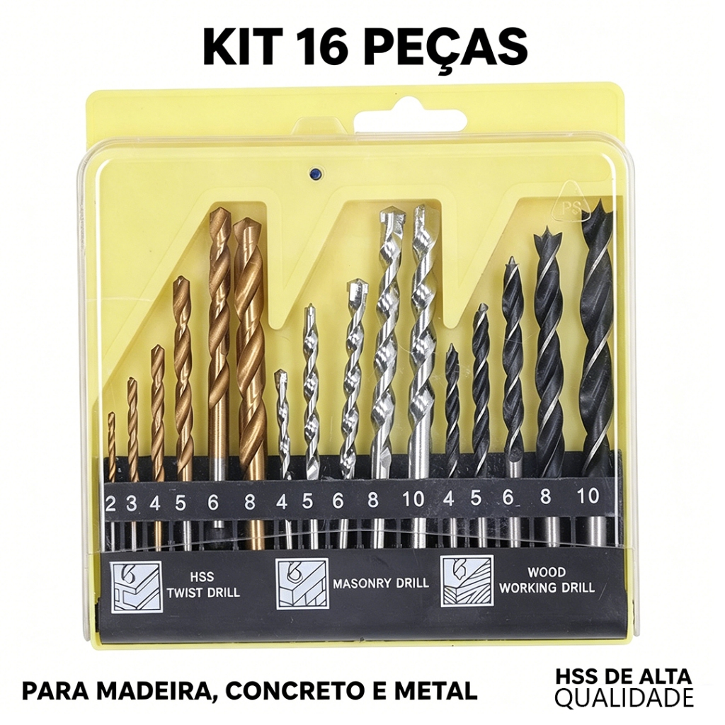 Kit 16 Brocas Multifuncionais HSS 2-10mm - Para Madeira, Concreto e Metal