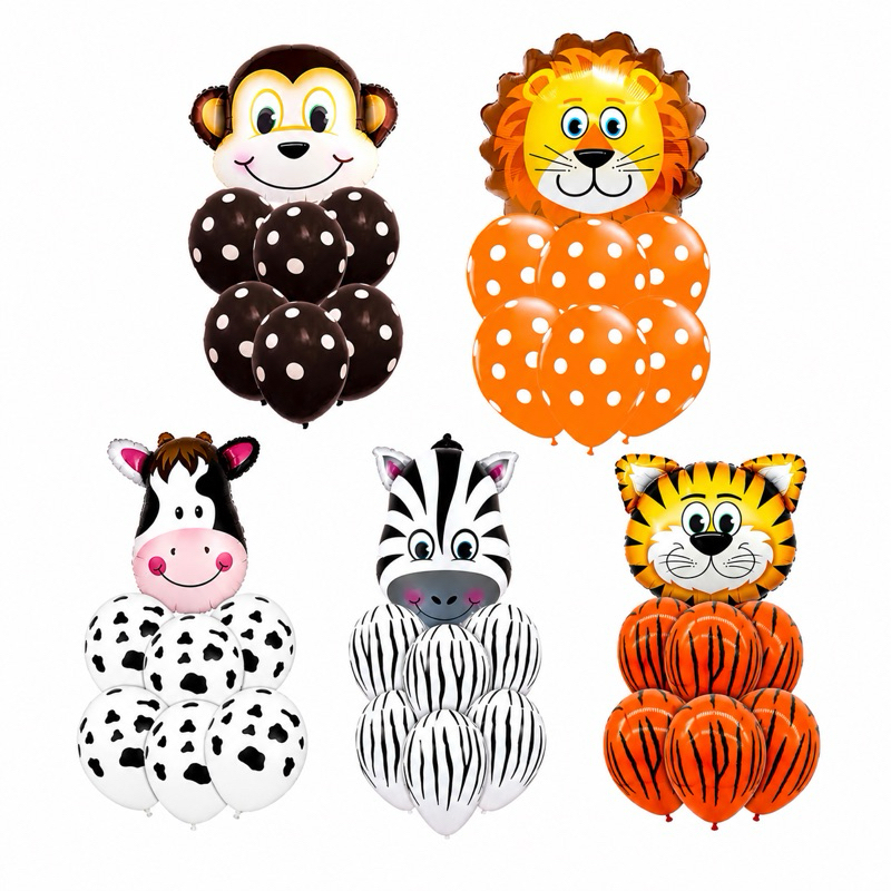 Kit Buquê De Balões Animais Safari Infantil Zebra Tigre Leão Macaco Vaquinha 7 peças